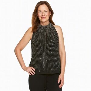 JKara Shirt Women's Beaded Embellished Sleeveless Mock Neck Formal Top Small